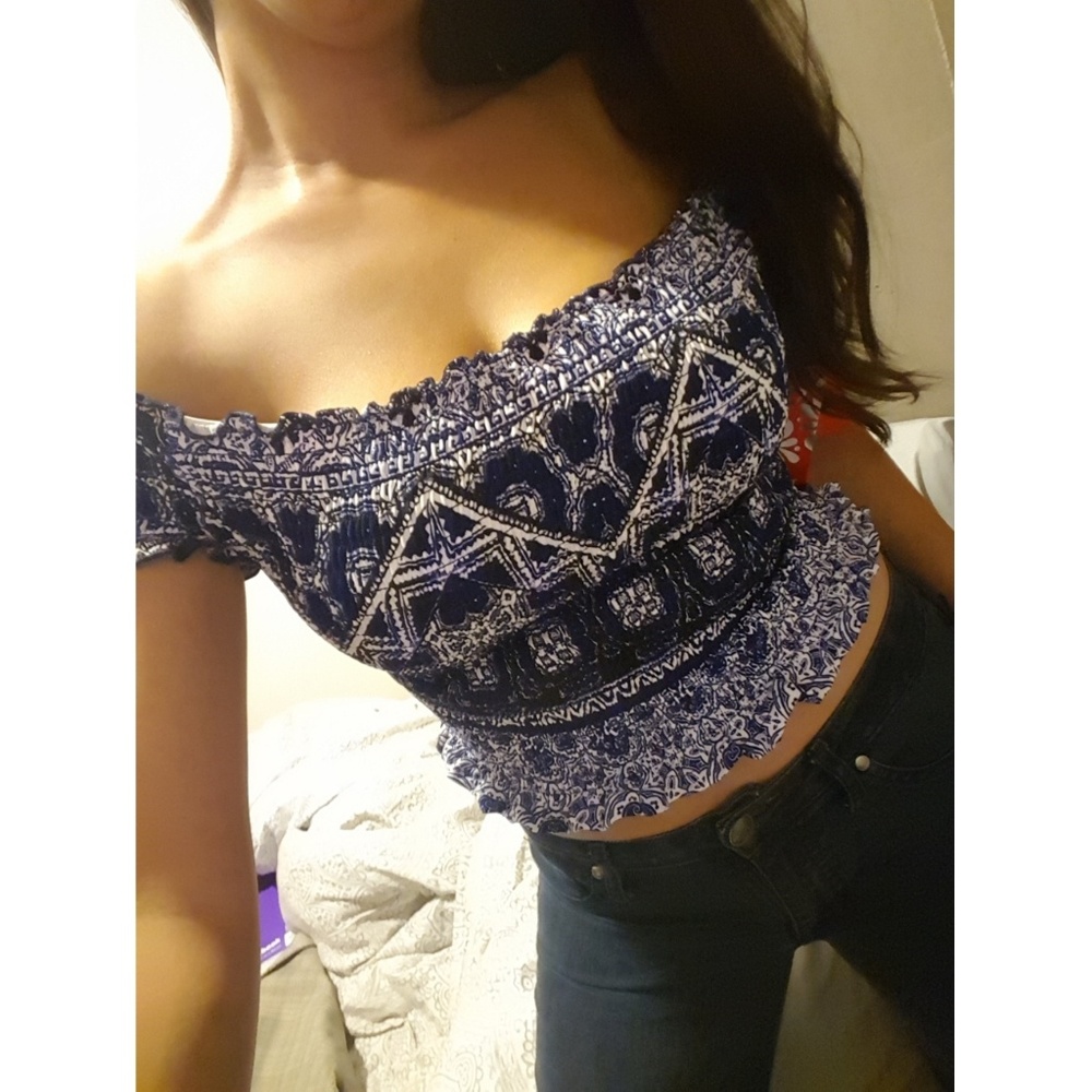 Blue white smocked off shoulder geo top medium